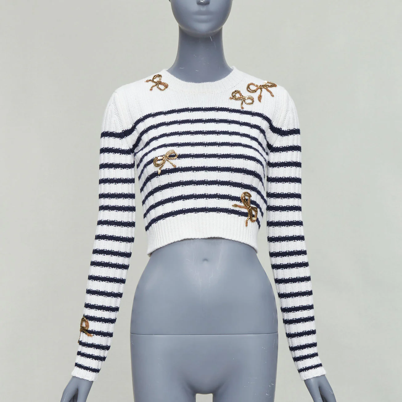 Women's Valentino virgin wool sequin ribbon striped crop sweater - Image 7