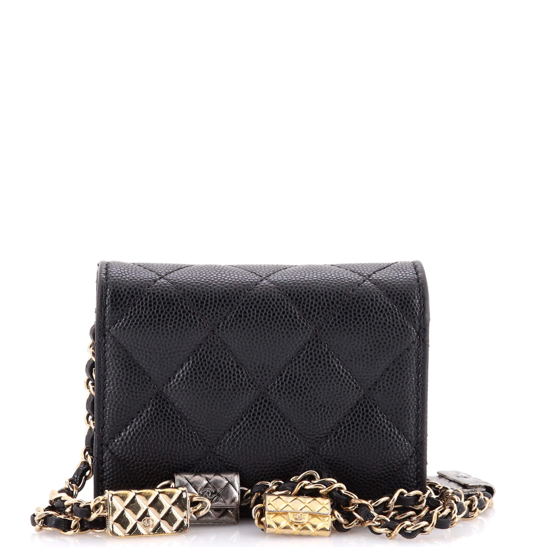 Flap Card Holder on Chain with Charms Quilted Caviar Mini - Image 6